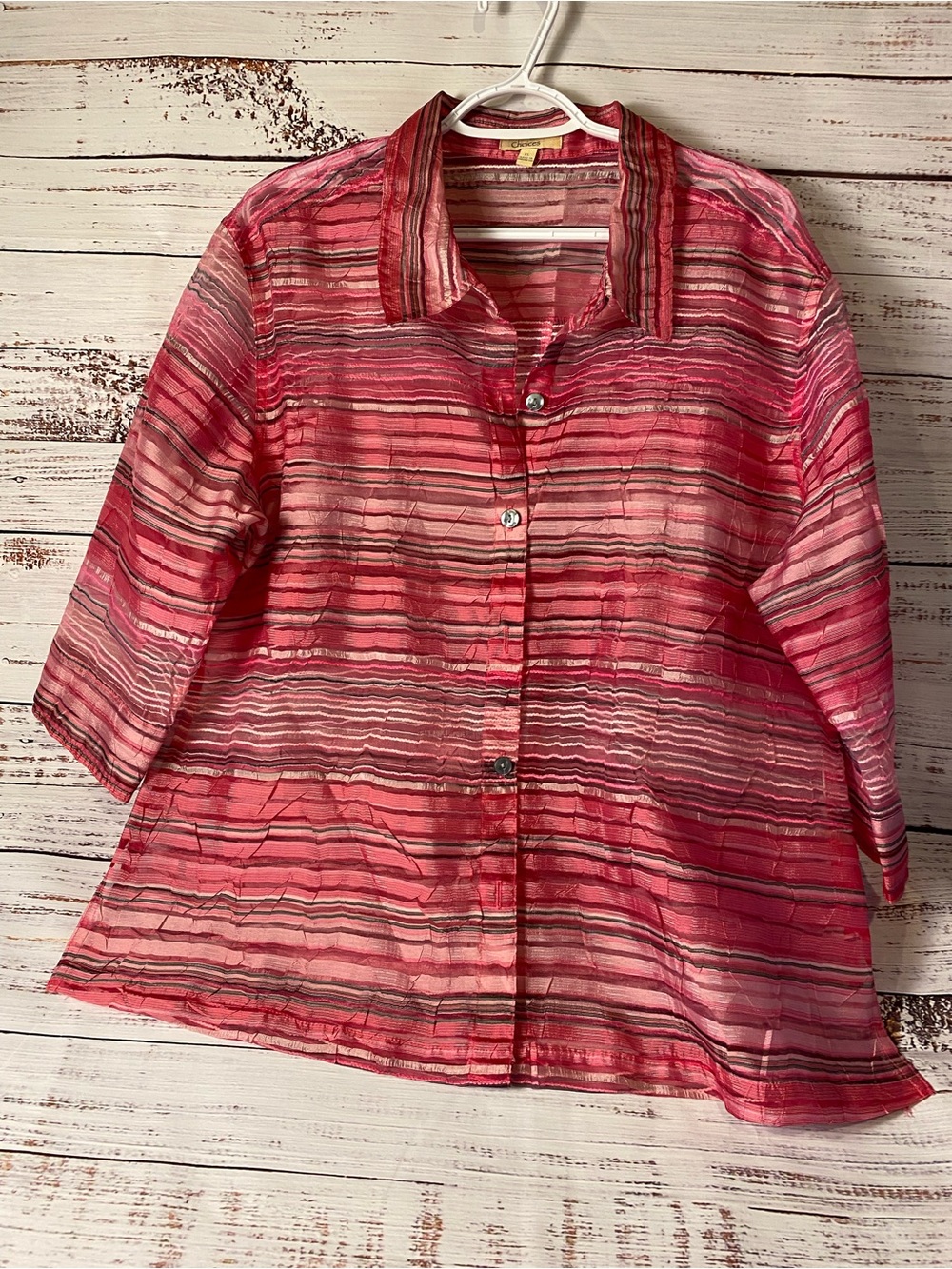 Choices Red-Pink Striped Sheer Button-Down Shirt Sz-XL